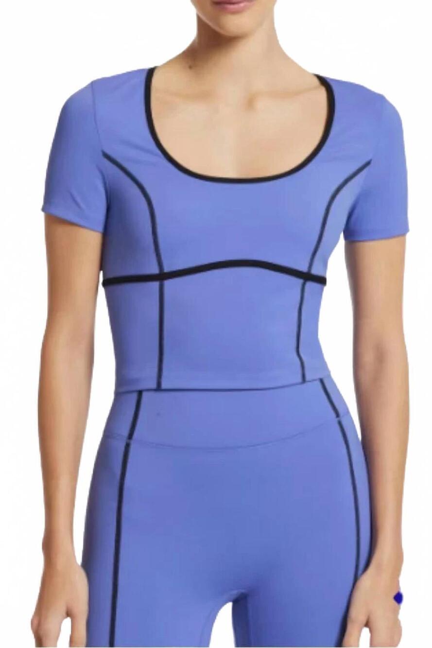 NEW BANDIER crop contrast seam short sleeve top in baja blue/black